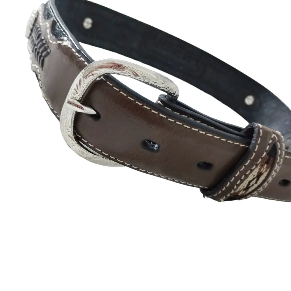 Nocona Western Boys Belt Youth Brown/Black‎ Leather Fabric Inset w/Conchos sz 22